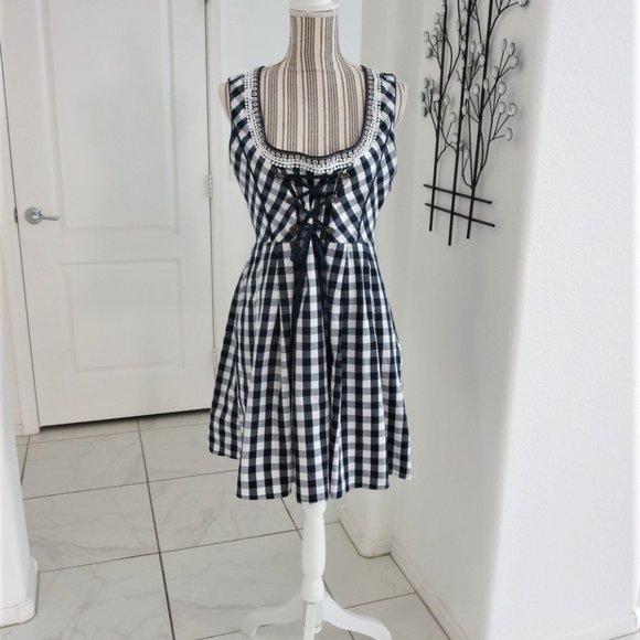 Like New Sleeveless Corset Front Dress Navy & White Gingham Check BOHO M… - Picture 1 of 15